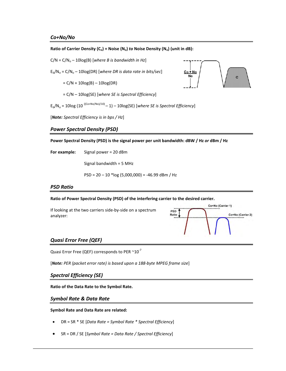 Co+no/no, Power spectral density (psd), Psd ratio | Quasi error free (qef), Spectral efficiency (se), Symbol rate & data rate | Comtech EF Data CDM-625A User Manual | Page 637 / 756