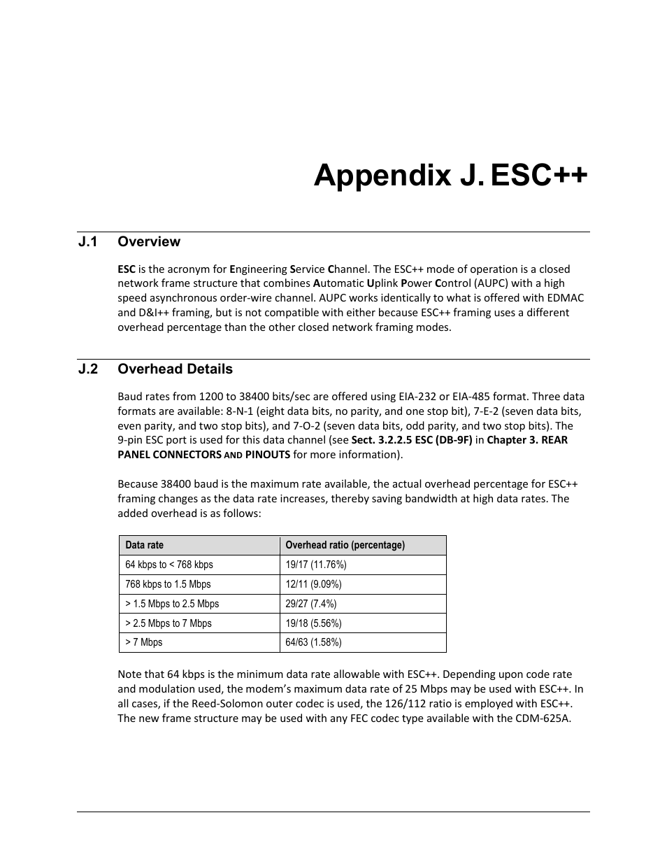 Appendix j. esc, J.1 overview, J.2 overhead details | Comtech EF Data CDM-625A User Manual | Page 647 / 756