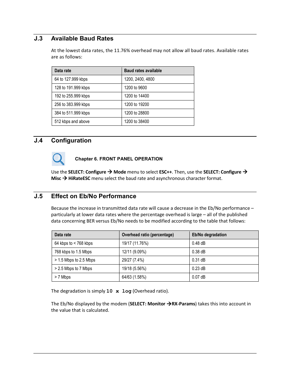 J.3 available baud rates, J.4 configuration, J.5 effect on eb/no performance | Comtech EF Data CDM-625A User Manual | Page 648 / 756