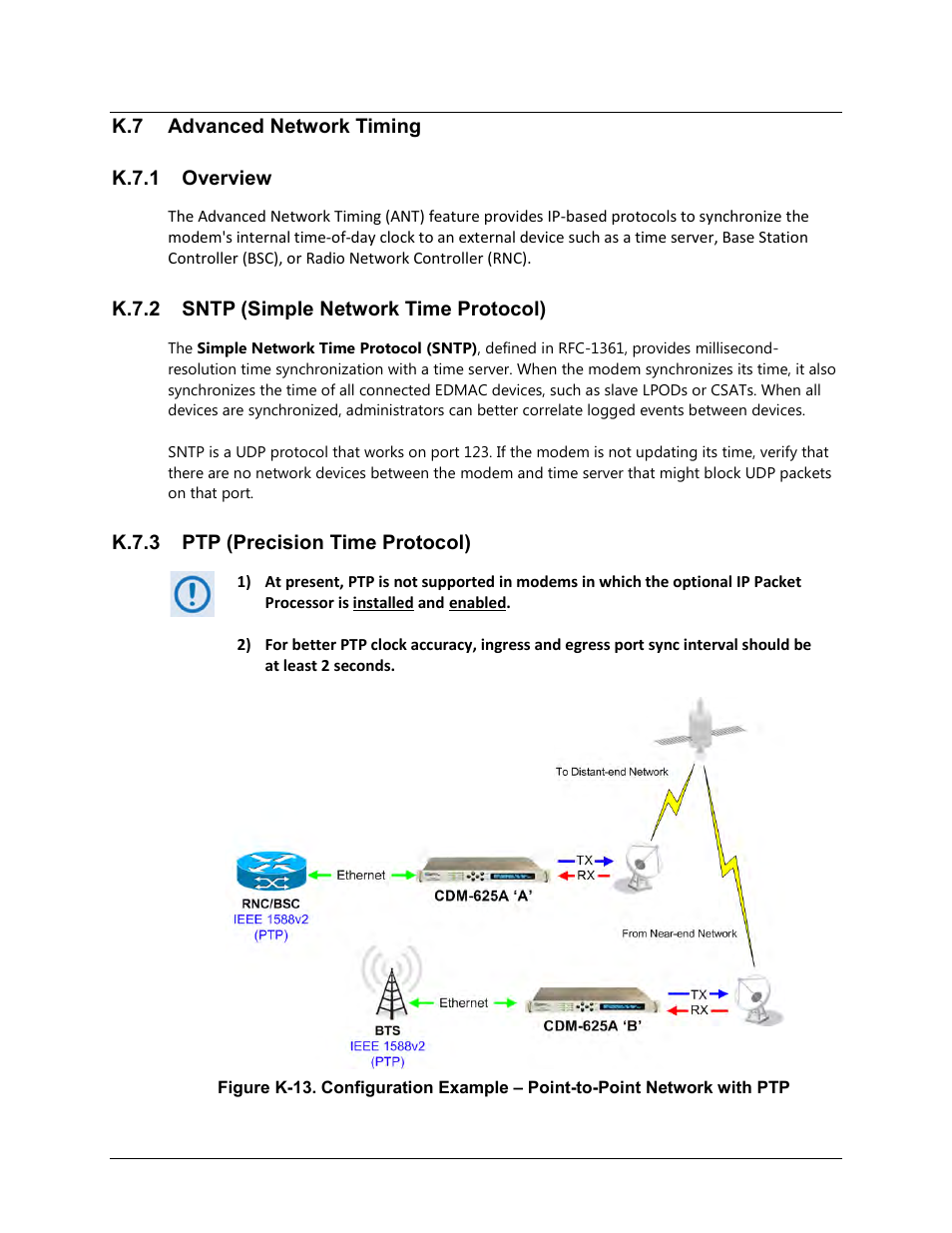 K.7 advanced network timing, K.7.1 overview, K.7.2 sntp (simple network time protocol) | K.7.3 ptp (precision time protocol) | Comtech EF Data CDM-625A User Manual | Page 663 / 756