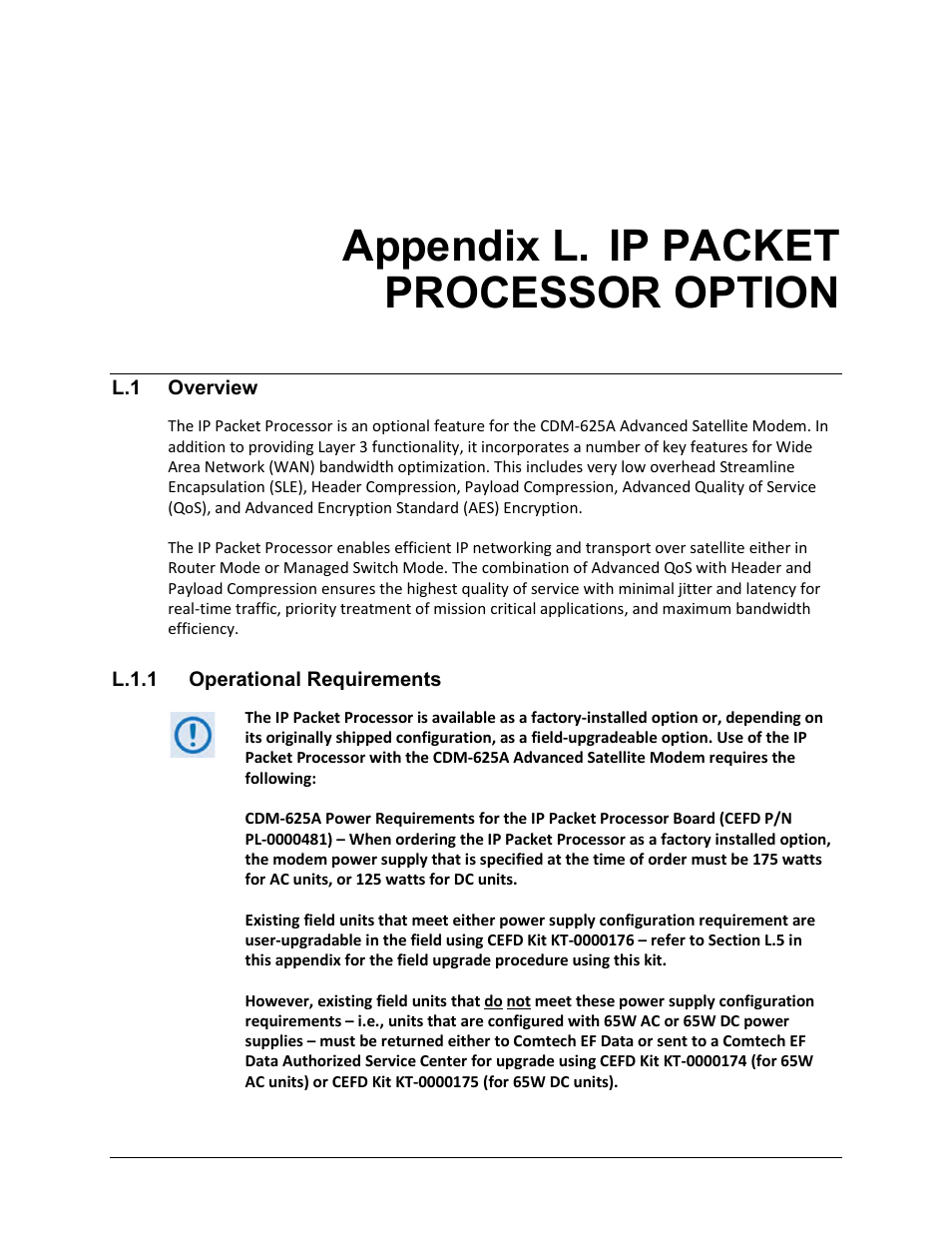 Appendix l. ip packet processor option, L.1 overview, L.1.1 operational requirements | Comtech EF Data CDM-625A User Manual | Page 667 / 756