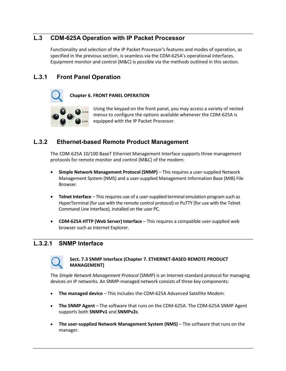 L.3 cdm-625a operation with ip packet processor, L.3.1 front panel operation, L.3.2 ethernet-based remote product management | L.3.2.1 snmp interface | Comtech EF Data CDM-625A User Manual | Page 671 / 756