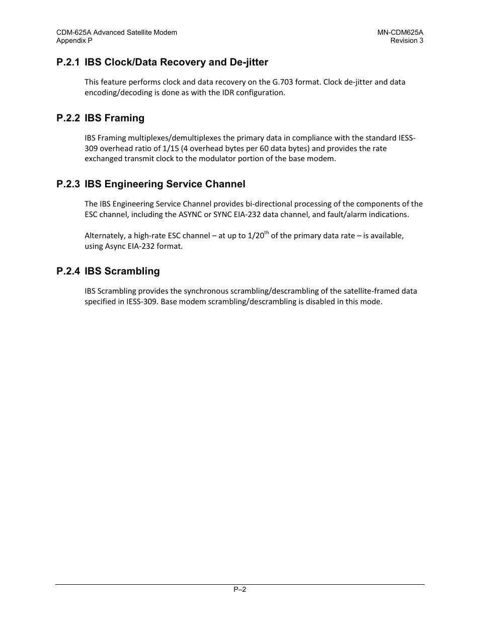 P.2.1 ibs clock/data recovery and de-jitter, P.2.2 ibs framing, P.2.3 ibs engineering service channel | P.2.4 ibs scrambling | Comtech EF Data CDM-625A User Manual | Page 716 / 756