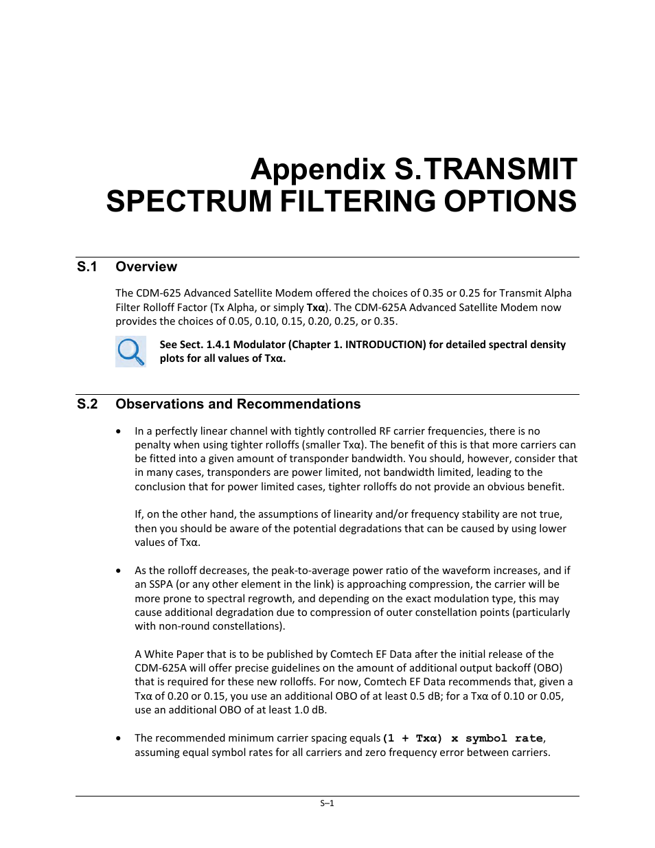 Appendix s. transmit spectrum filtering options, S.1 overview, S.2 observations and recommendations | Appendix s. transmit, Spectrum, Filtering, Options | Comtech EF Data CDM-625A User Manual | Page 739 / 756