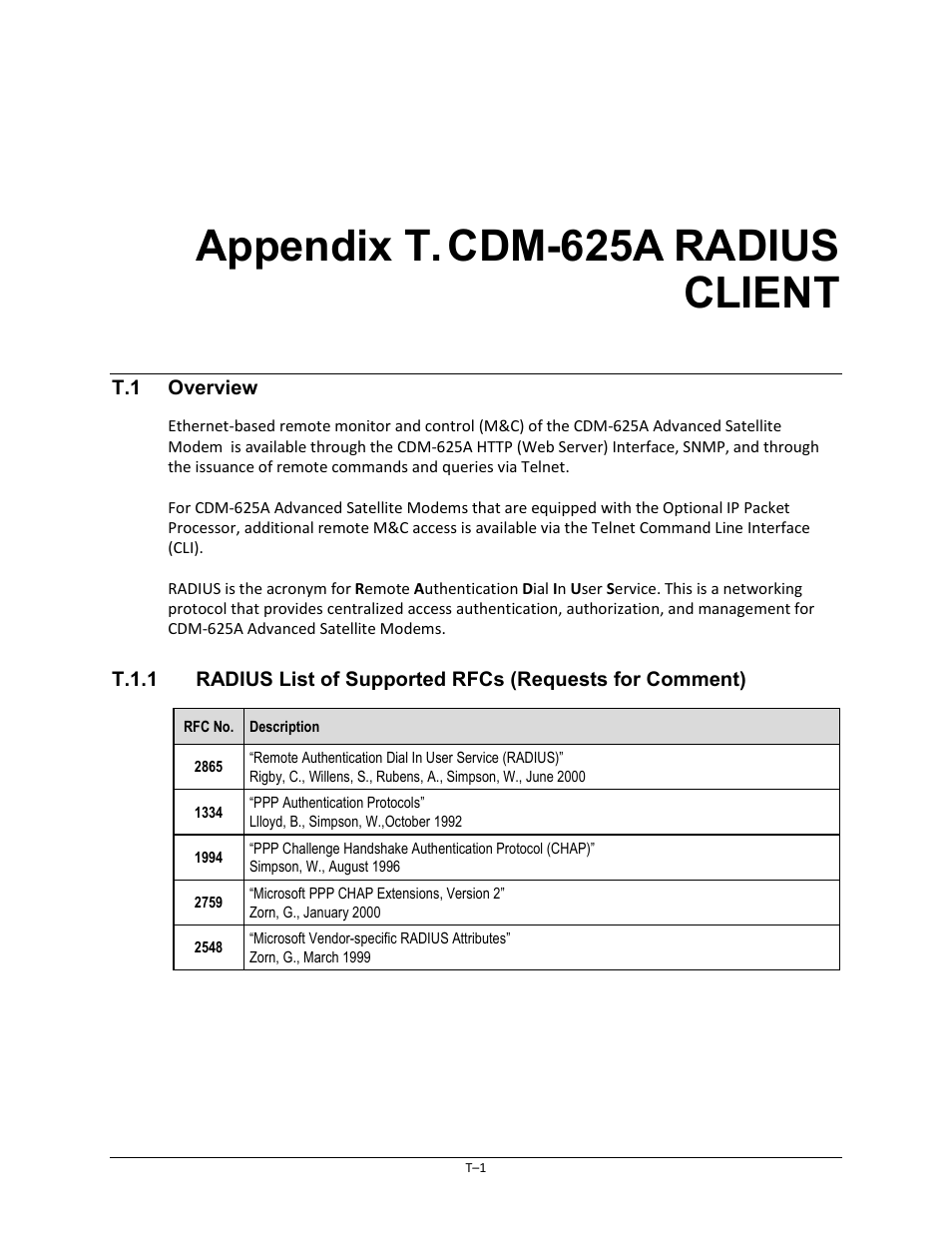 Appendix t. cdm-625a radius client, T.1 overview, Appendix t. cdm-625a | Radius, Client | Comtech EF Data CDM-625A User Manual | Page 741 / 756