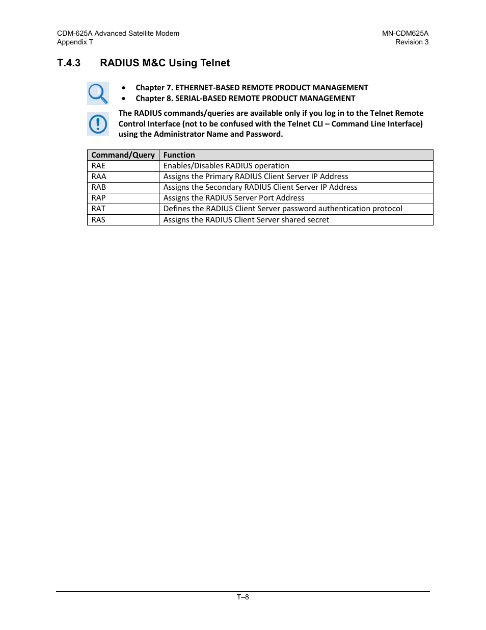 T.4.3 radius m&c using telnet | Comtech EF Data CDM-625A User Manual | Page 748 / 756