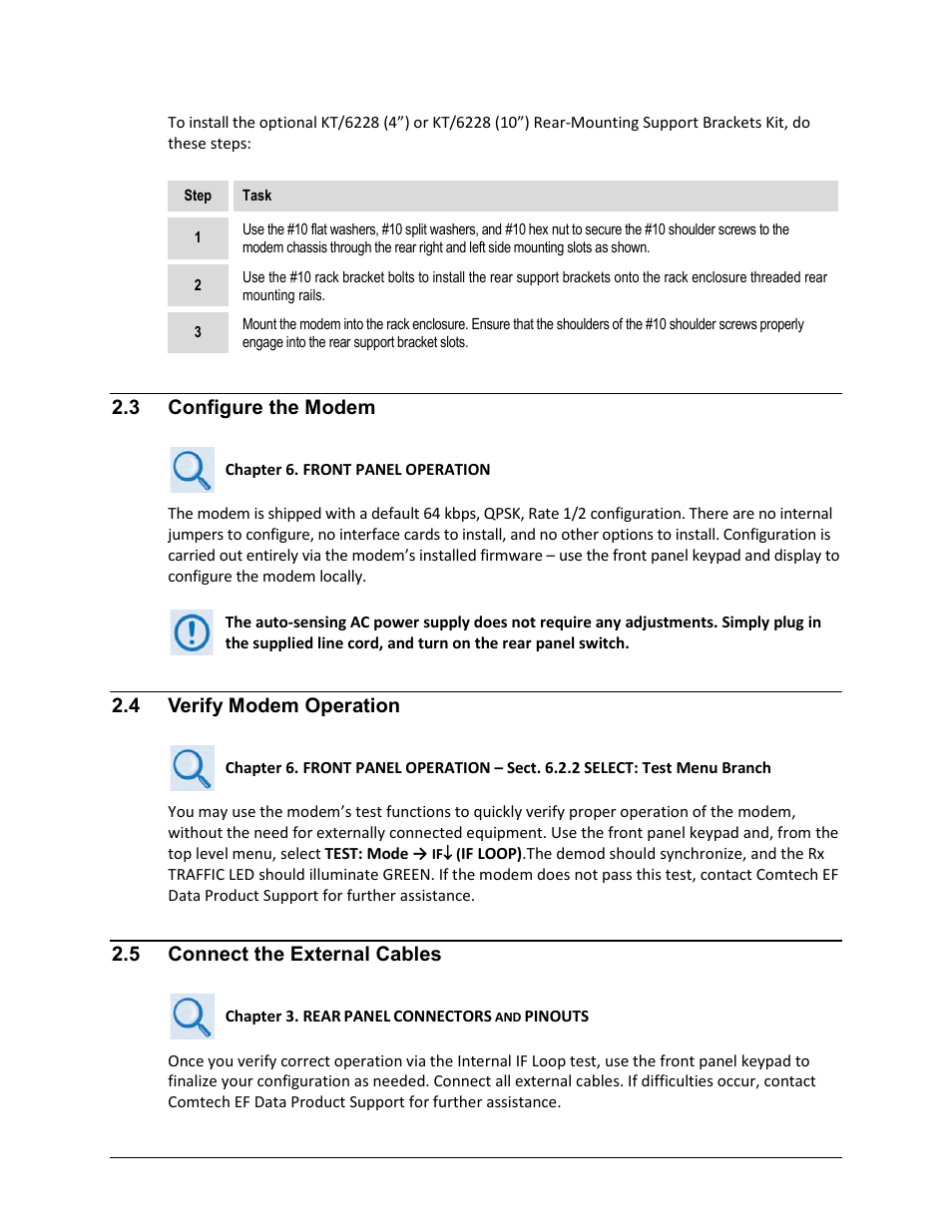 3 configure the modem, 4 verify modem operation, 5 connect the external cables | Comtech EF Data CDM-625A User Manual | Page 83 / 756