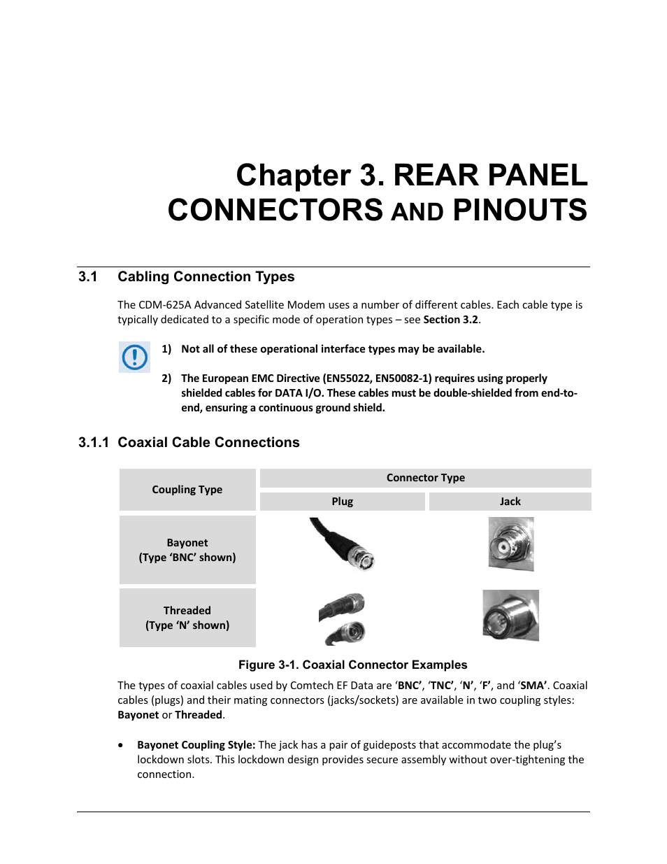 Chapter 3. rear panel connectors and pinouts, 1 cabling connection types, 1 coaxial cable connections | Chapter 3. rear panel connectors, Pinouts | Comtech EF Data CDM-625A User Manual | Page 85 / 756