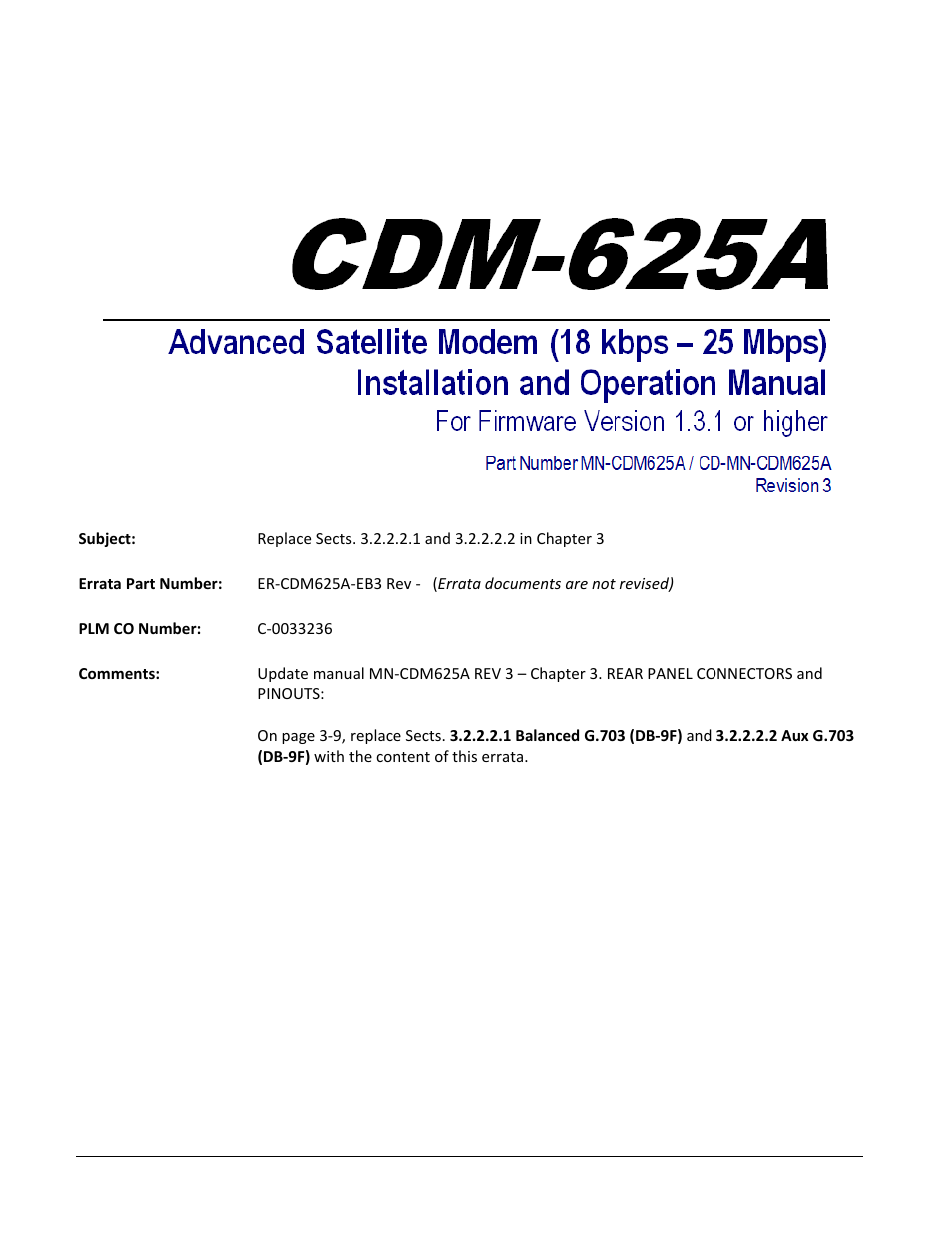 Errata b for mn-cdm625a rev 3, Comtech ef data documentation update | Comtech EF Data CDM-625A User Manual | Page 9 / 756