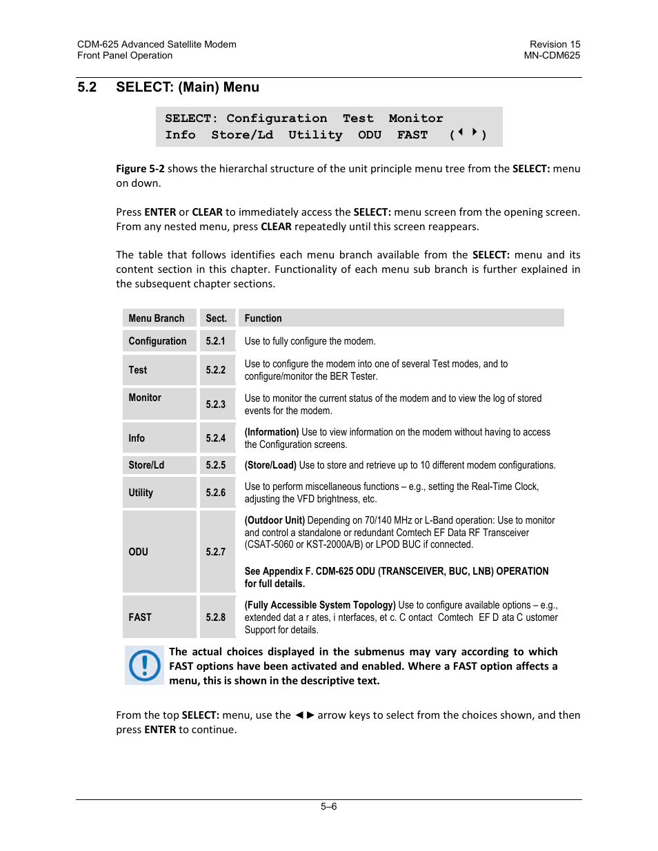 2 select: (main) menu | Comtech EF Data CDM-625 User Manual | Page 106 / 684