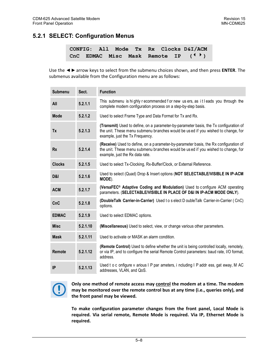 1 select: configuration menus | Comtech EF Data CDM-625 User Manual | Page 108 / 684