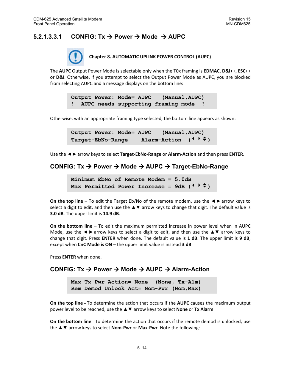 1 config: tx ( power ( mode ( aupc | Comtech EF Data CDM-625 User Manual | Page 114 / 684