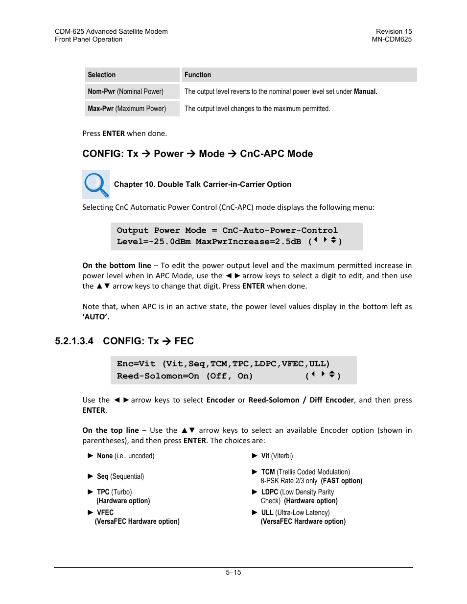 4 config: tx ( fec, Config: tx  power  mode  cnc-apc mode, 4 config: tx  fec | Comtech EF Data CDM-625 User Manual | Page 115 / 684