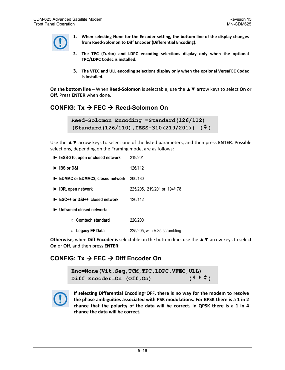 Config: tx  fec  reed-solomon on, Config: tx  fec  diff encoder on | Comtech EF Data CDM-625 User Manual | Page 116 / 684