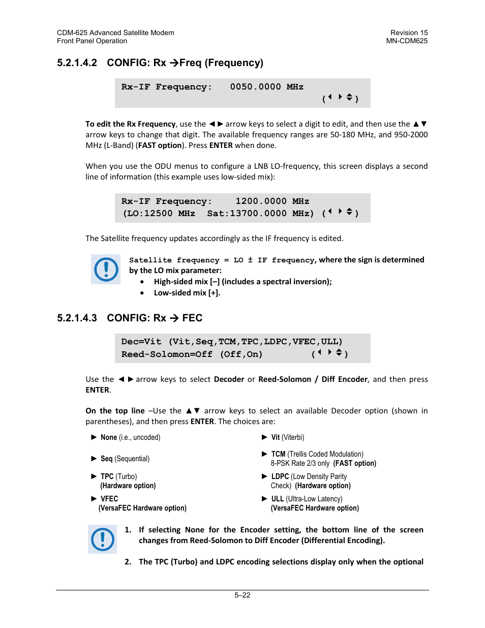 2 config: rx (freq (frequency), 3 config: rx ( fec, 2 config: rx  freq (frequency) | 3 config: rx  fec | Comtech EF Data CDM-625 User Manual | Page 122 / 684