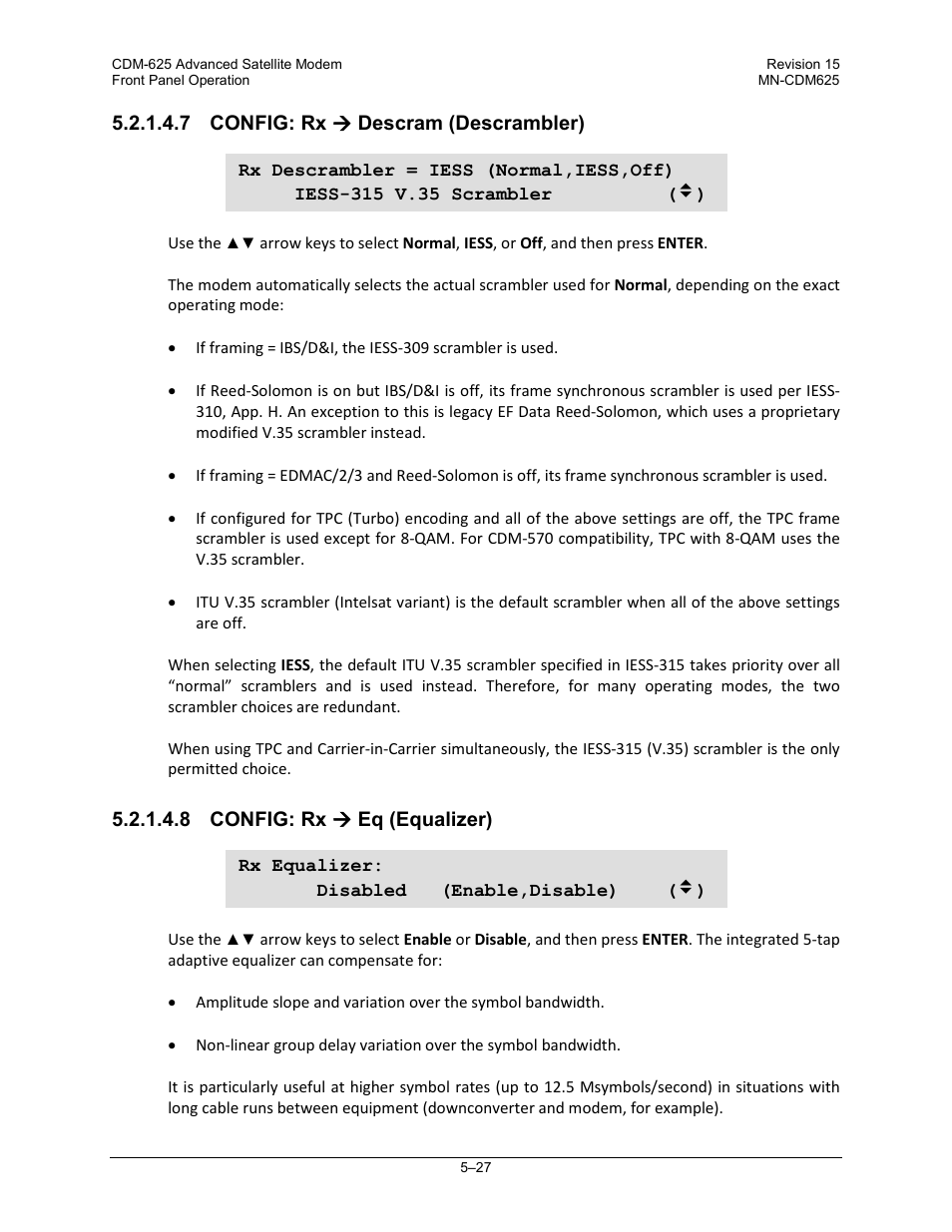 7 config: rx ( descram (descrambler), 8 config: rx ( eq (equalizer) | Comtech EF Data CDM-625 User Manual | Page 127 / 684