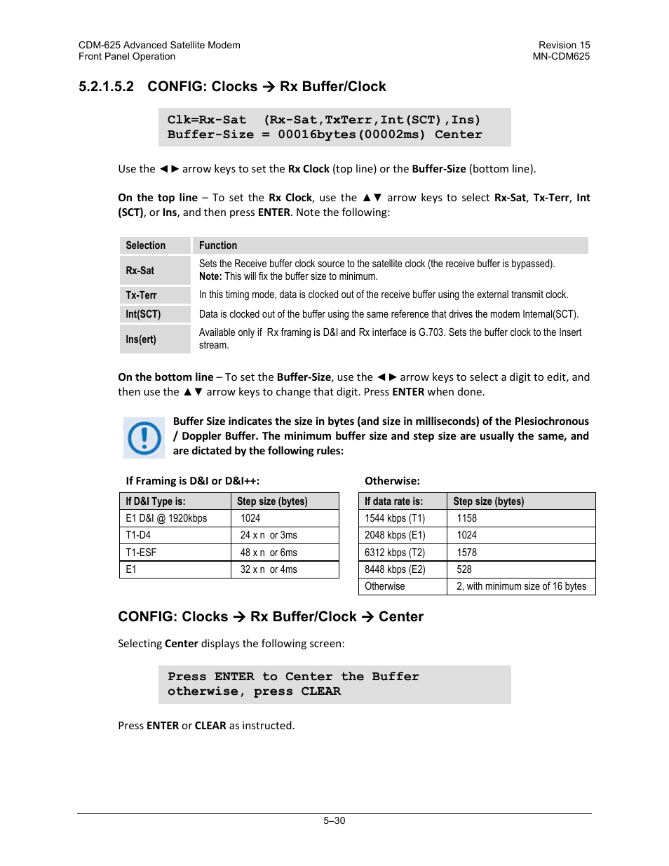 2 config: clocks ( rx buffer/clock, 2 config: clocks  rx buffer/clock, Config: clocks  rx buffer/clock  center | Comtech EF Data CDM-625 User Manual | Page 130 / 684