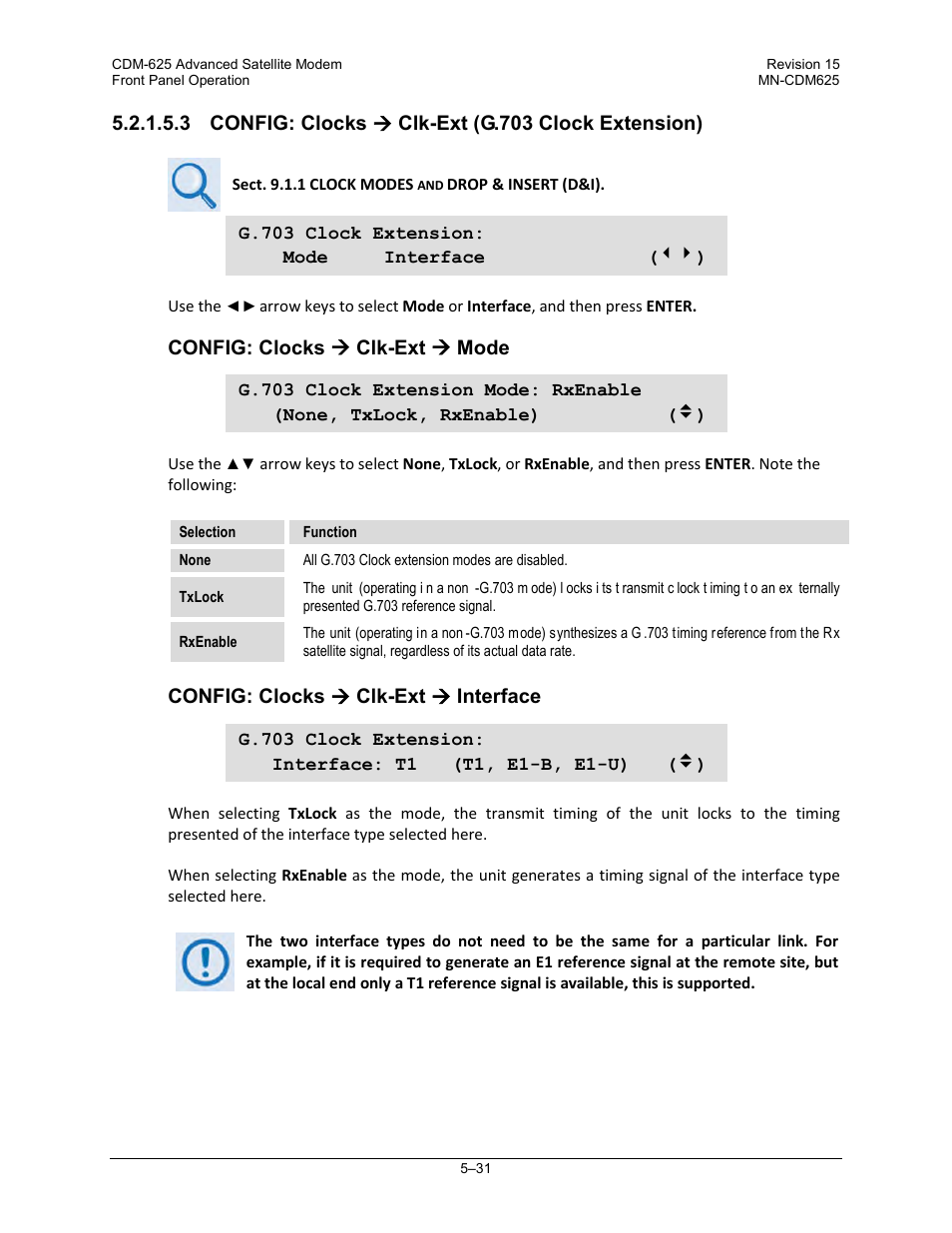 3 config: clocks ( clk-ext (g.703 clock extension), 3 config: clocks  clk-ext (g.703 clock extension), Config: clocks  clk-ext  mode | Config: clocks  clk-ext  interface | Comtech EF Data CDM-625 User Manual | Page 131 / 684