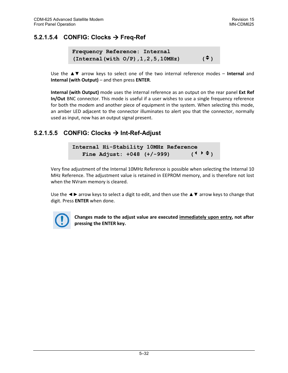 4 config: clocks ( freq-ref, 5 config: clocks ( int-ref-adjust | Comtech EF Data CDM-625 User Manual | Page 132 / 684