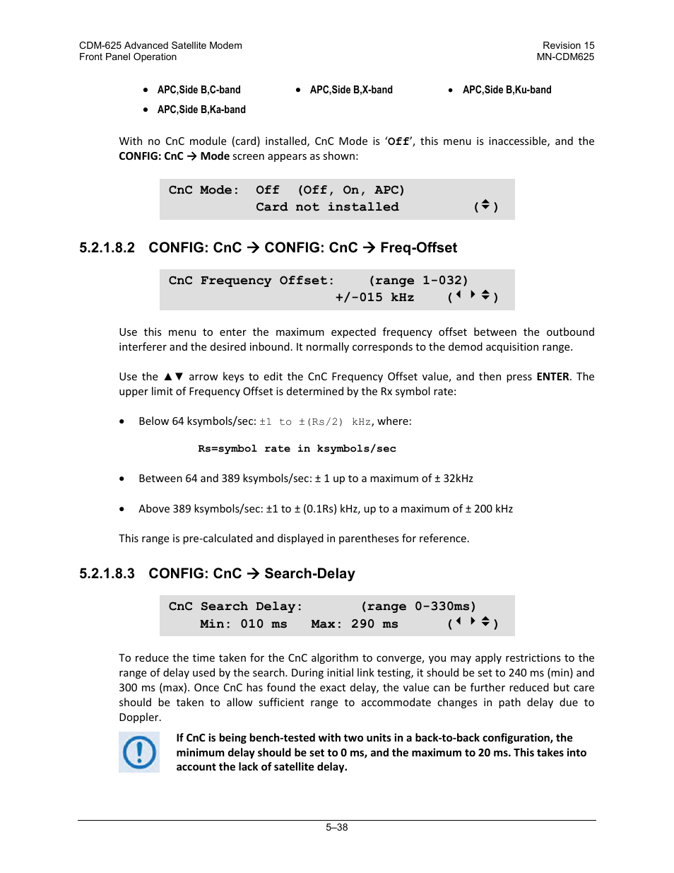 2 config: cnc ( config: cnc ( freq-offset, 3 config: cnc ( search-delay | Comtech EF Data CDM-625 User Manual | Page 138 / 684