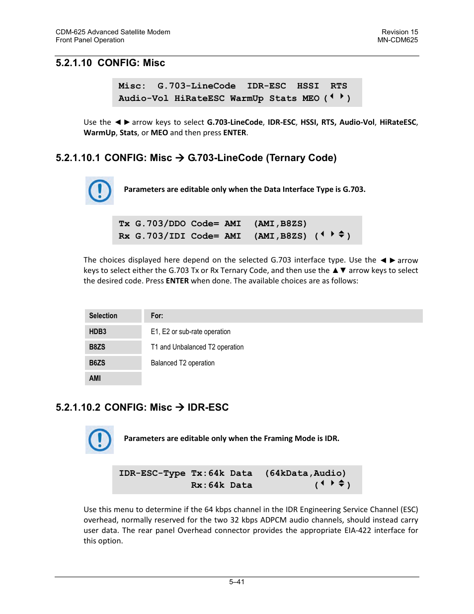 10 config: misc, 1 config: misc ( g.703-linecode (ternary code), 2 config: misc ( idr-esc | 1 config: misc  g.703-linecode (ternary code), 2 config: misc  idr-esc | Comtech EF Data CDM-625 User Manual | Page 141 / 684