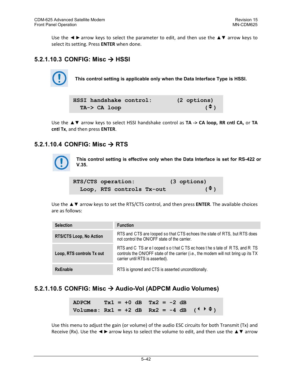 3 config: misc ( hssi, 4 config: misc ( rts, 5 config: misc ( audio-vol (adpcm audio volumes) | 3 config: misc  hssi, 4 config: misc  rts, 5 config: misc  audio-vol (adpcm audio volumes) | Comtech EF Data CDM-625 User Manual | Page 142 / 684