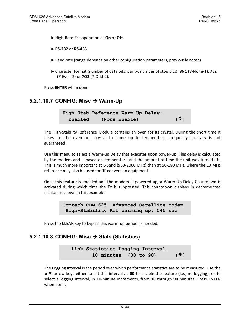 7 config: misc ( warm-up, 8 config: misc ( stats (statistics) | Comtech EF Data CDM-625 User Manual | Page 144 / 684