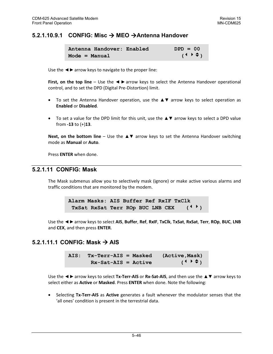 1 config: misc ( meo (antenna handover, 11 config: mask, 1 config: mask ( ais | Comtech EF Data CDM-625 User Manual | Page 146 / 684