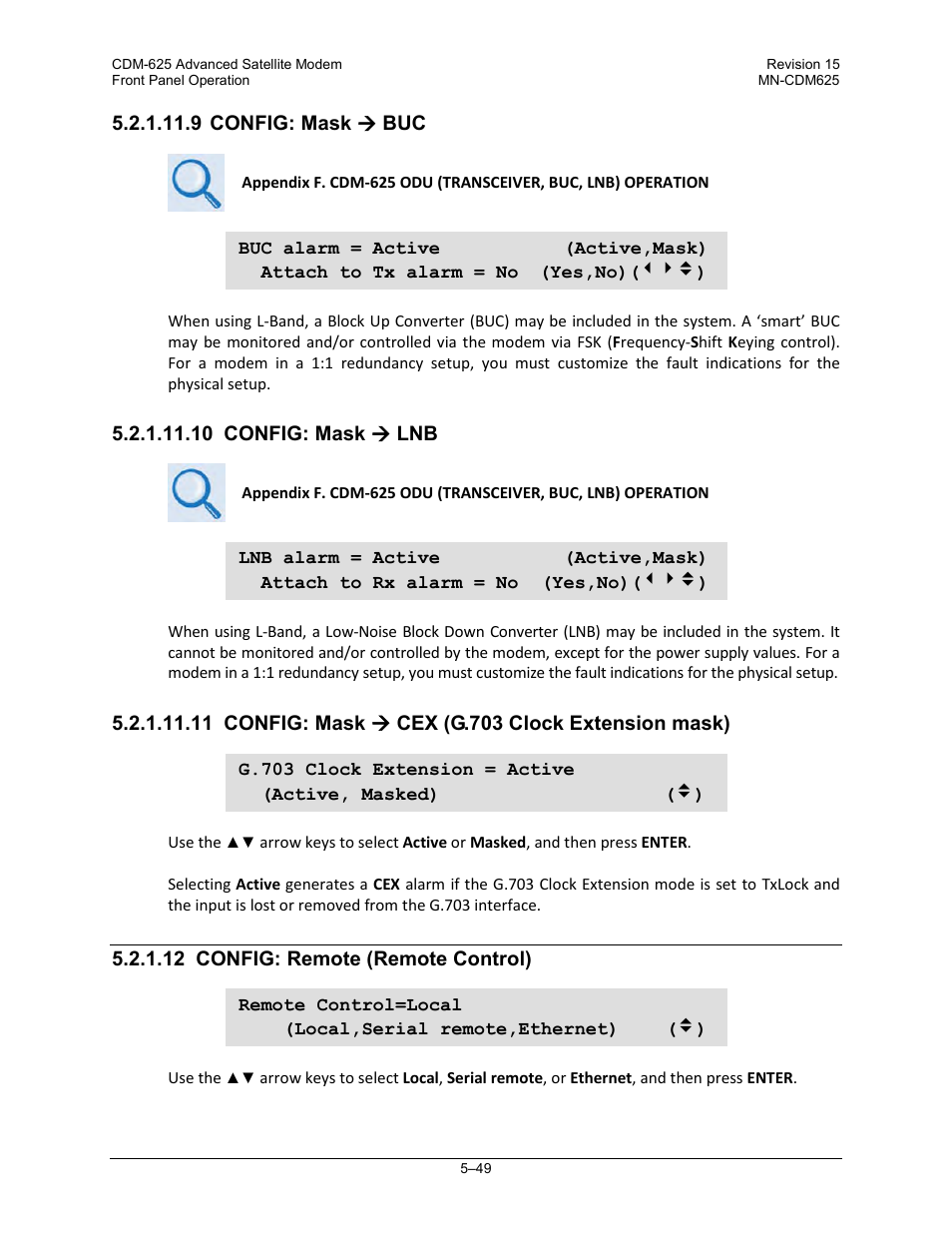 9 config: mask ( buc, 10 config: mask ( lnb, 11 config: mask ( cex (g.703 clock extension mask) | 12 config: remote (remote control) | Comtech EF Data CDM-625 User Manual | Page 149 / 684