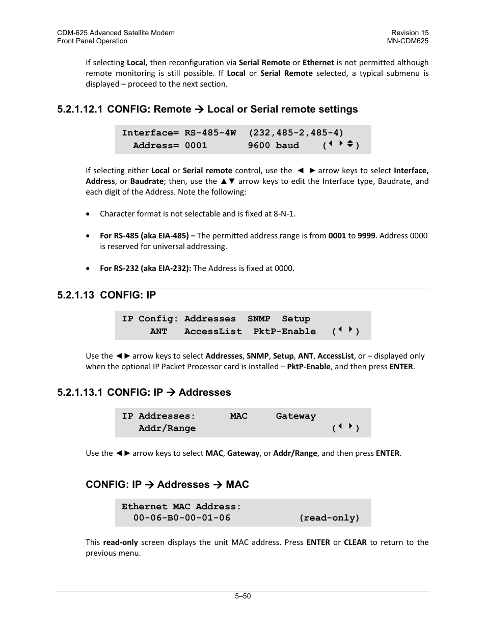 1 config: remote ( local or serial remote settings, 13 config: ip, 1 config: ip ( addresses | Comtech EF Data CDM-625 User Manual | Page 150 / 684