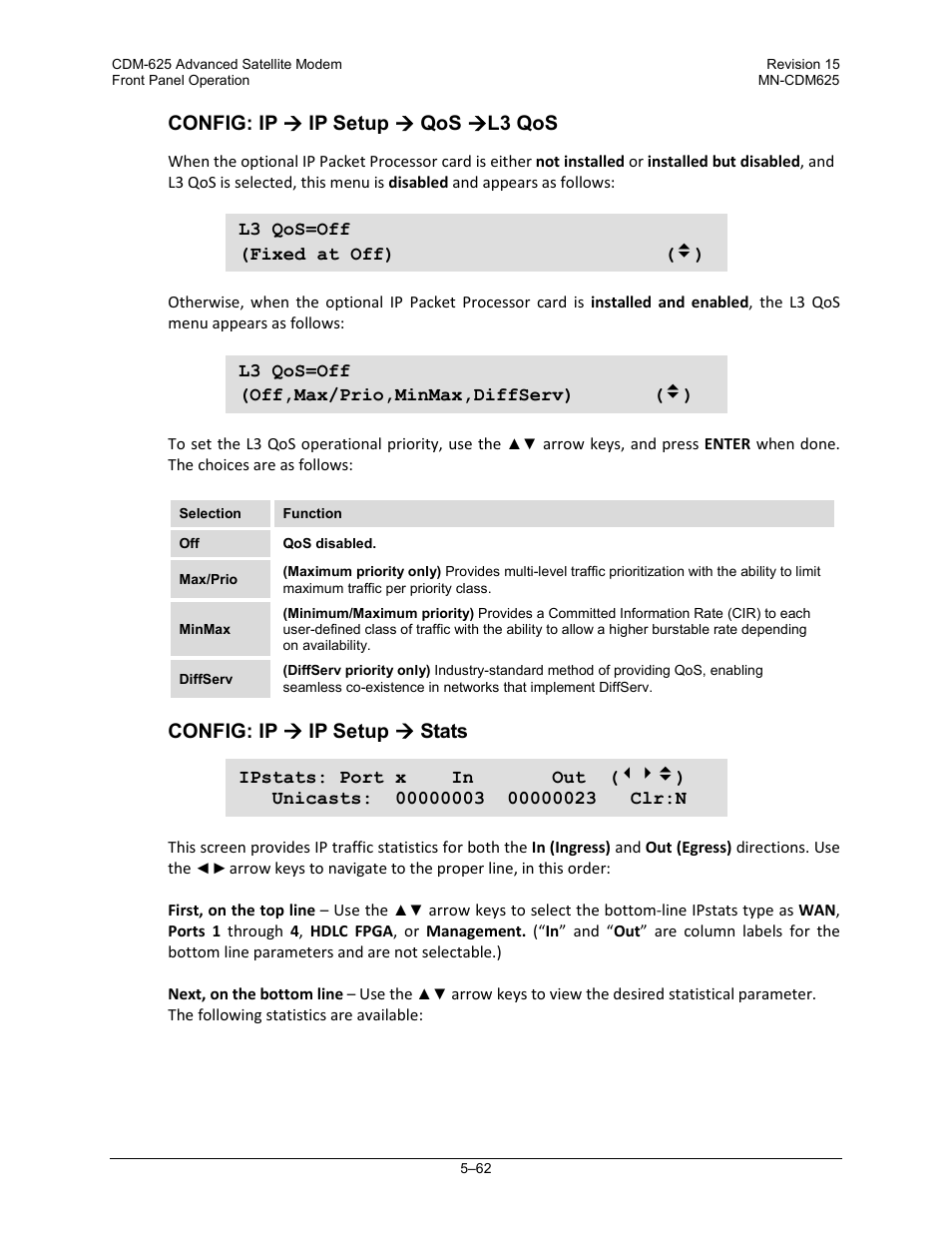 Config: ip  ip setup  qos  l3 qos, Config: ip  ip setup  stats | Comtech EF Data CDM-625 User Manual | Page 162 / 684