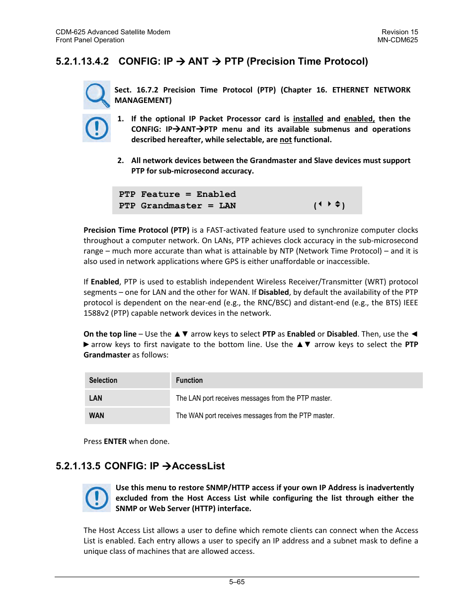 2 config: ip ( ant ( ptp (precision time protocol), 5 config: ip (accesslist, 2 config: ip  ant  ptp (precision time protocol) | 5 config: ip  accesslist | Comtech EF Data CDM-625 User Manual | Page 165 / 684