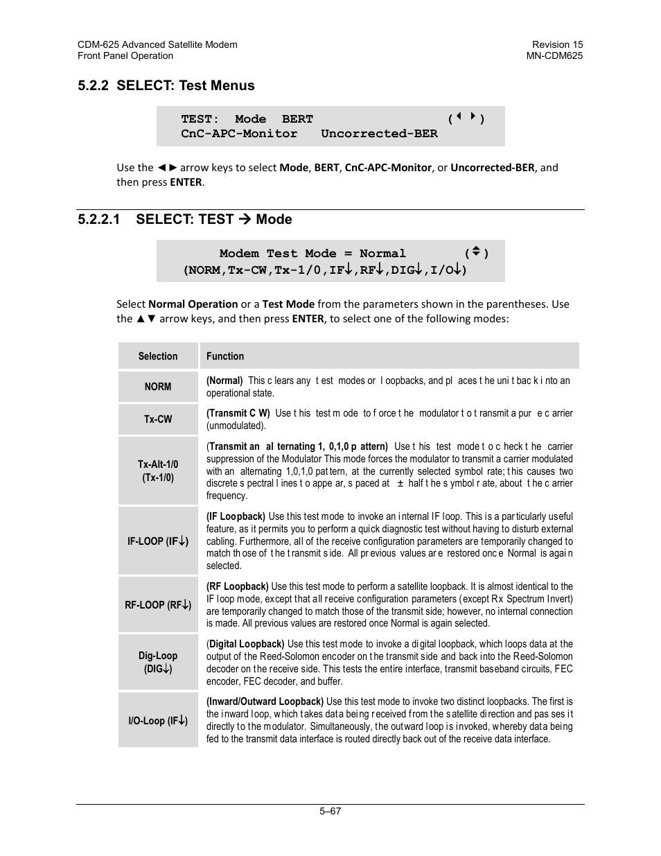 2 select: test menus, 1 select: test ( mode, 1 select: test  mode | Comtech EF Data CDM-625 User Manual | Page 167 / 684