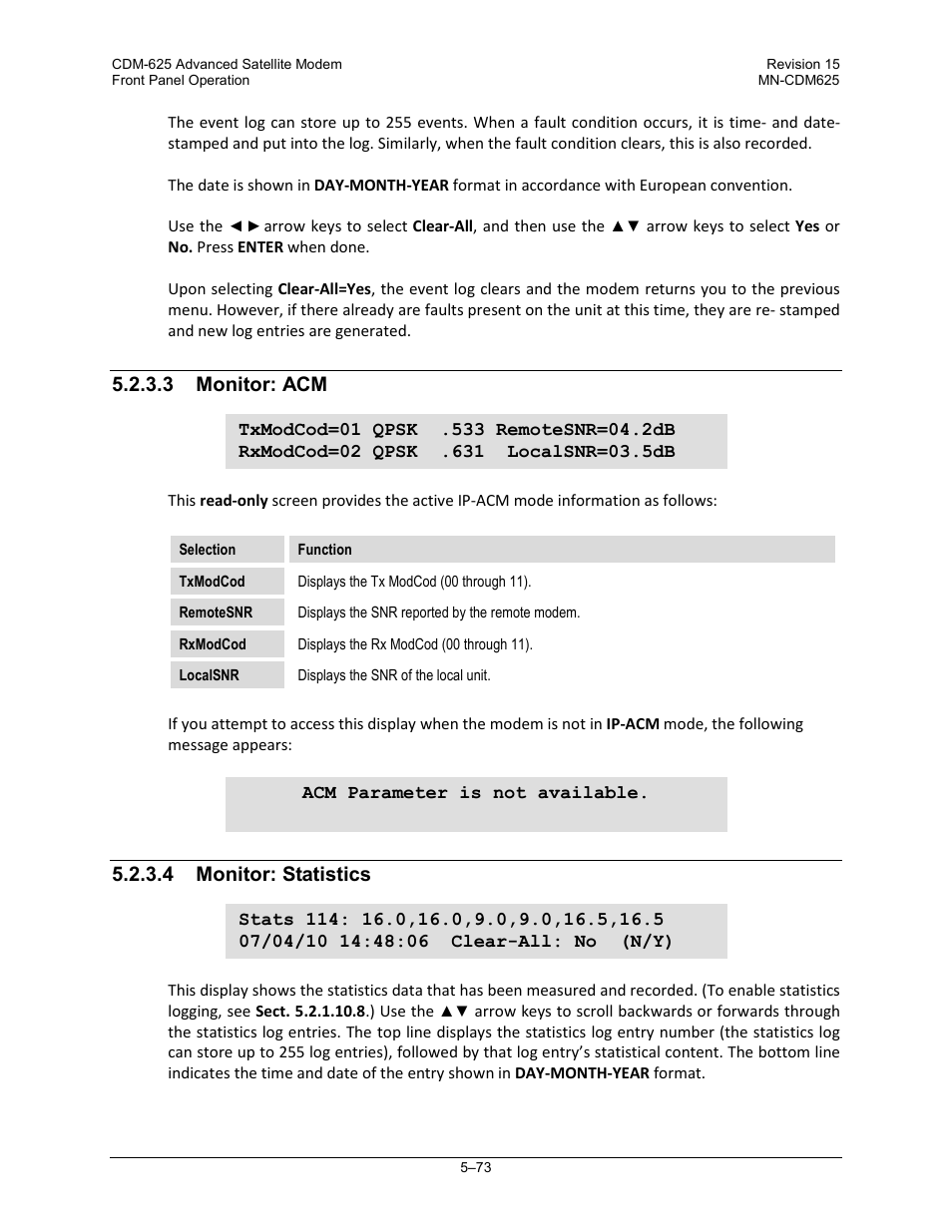 3 monitor: acm, 4 monitor: statistics | Comtech EF Data CDM-625 User Manual | Page 173 / 684