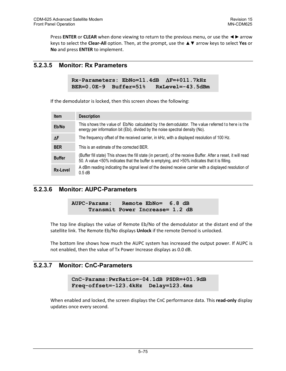 5 monitor: rx parameters, 6 monitor: aupc-parameters, 7 monitor: cnc-parameters | Comtech EF Data CDM-625 User Manual | Page 175 / 684