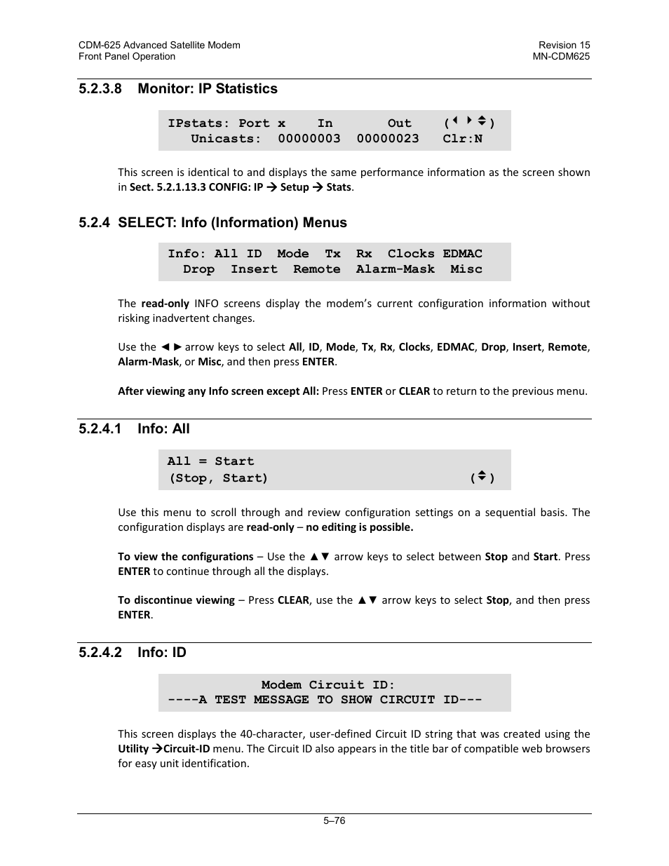 8 monitor: ip statistics, 4 select: info (information) menus, 1 info: all | 2 info: id | Comtech EF Data CDM-625 User Manual | Page 176 / 684