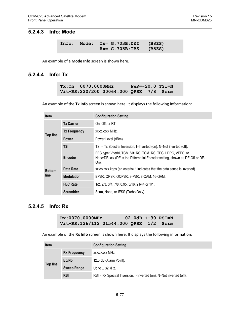 3 info: mode, 4 info: tx, 5 info: rx | Comtech EF Data CDM-625 User Manual | Page 177 / 684