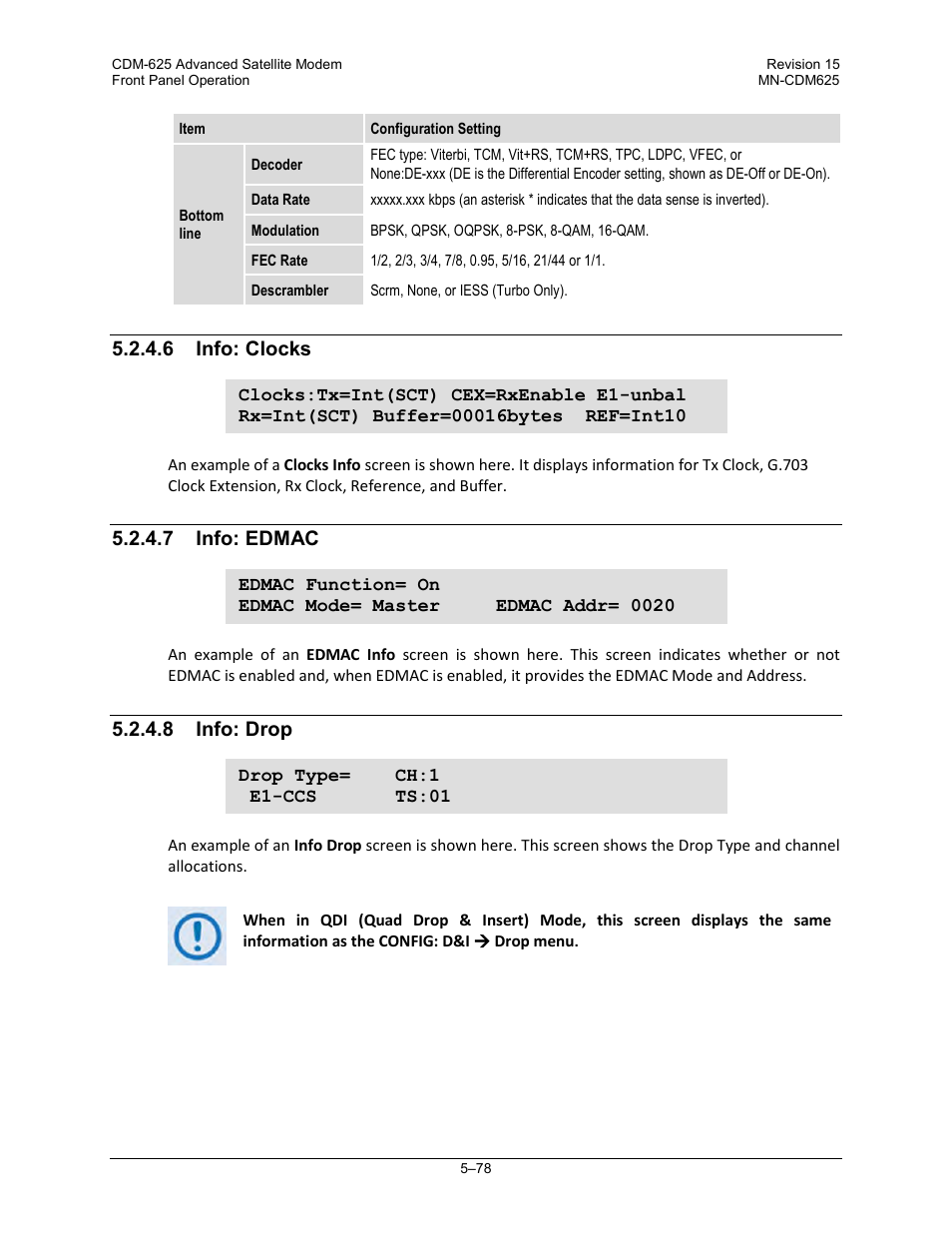 6 info: clocks, 7 info: edmac, 8 info: drop | Comtech EF Data CDM-625 User Manual | Page 178 / 684