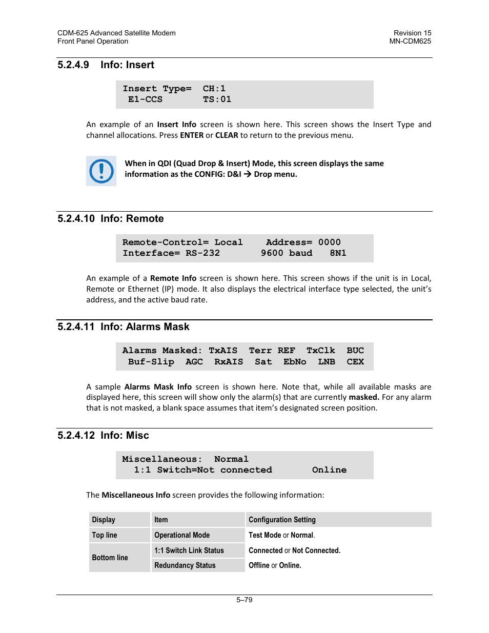 9 info: insert, 10 info: remote, 11 info: alarms mask | 12 info: misc | Comtech EF Data CDM-625 User Manual | Page 179 / 684