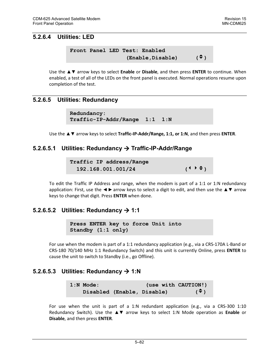 4 utilities: led, 5 utilities: redundancy, 1 utilities: redundancy ( traffic-ip-addr/range | 2 utilities: redundancy ( 1:1, 3 utilities: redundancy ( 1:n | Comtech EF Data CDM-625 User Manual | Page 182 / 684