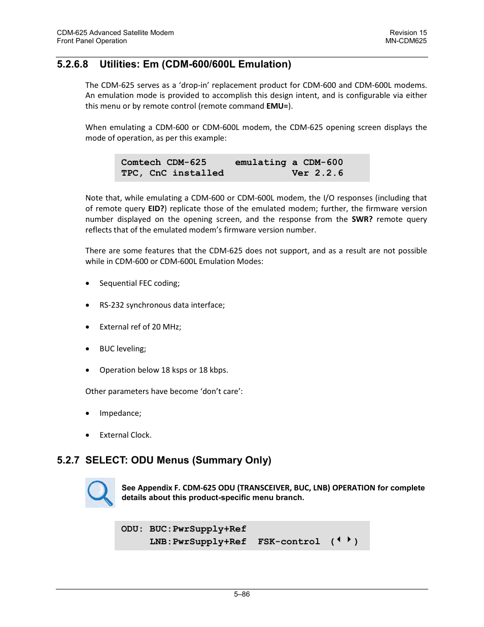 8 utilities: em (cdm-600/600l emulation), 7 select: odu menus (summary only) | Comtech EF Data CDM-625 User Manual | Page 186 / 684