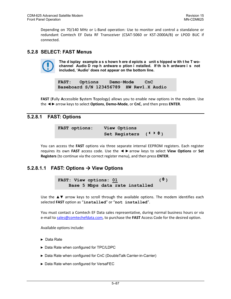 8 select: fast menus, 1 fast: options, 1 fast: options ( view options | 1 fast: options  view options | Comtech EF Data CDM-625 User Manual | Page 187 / 684