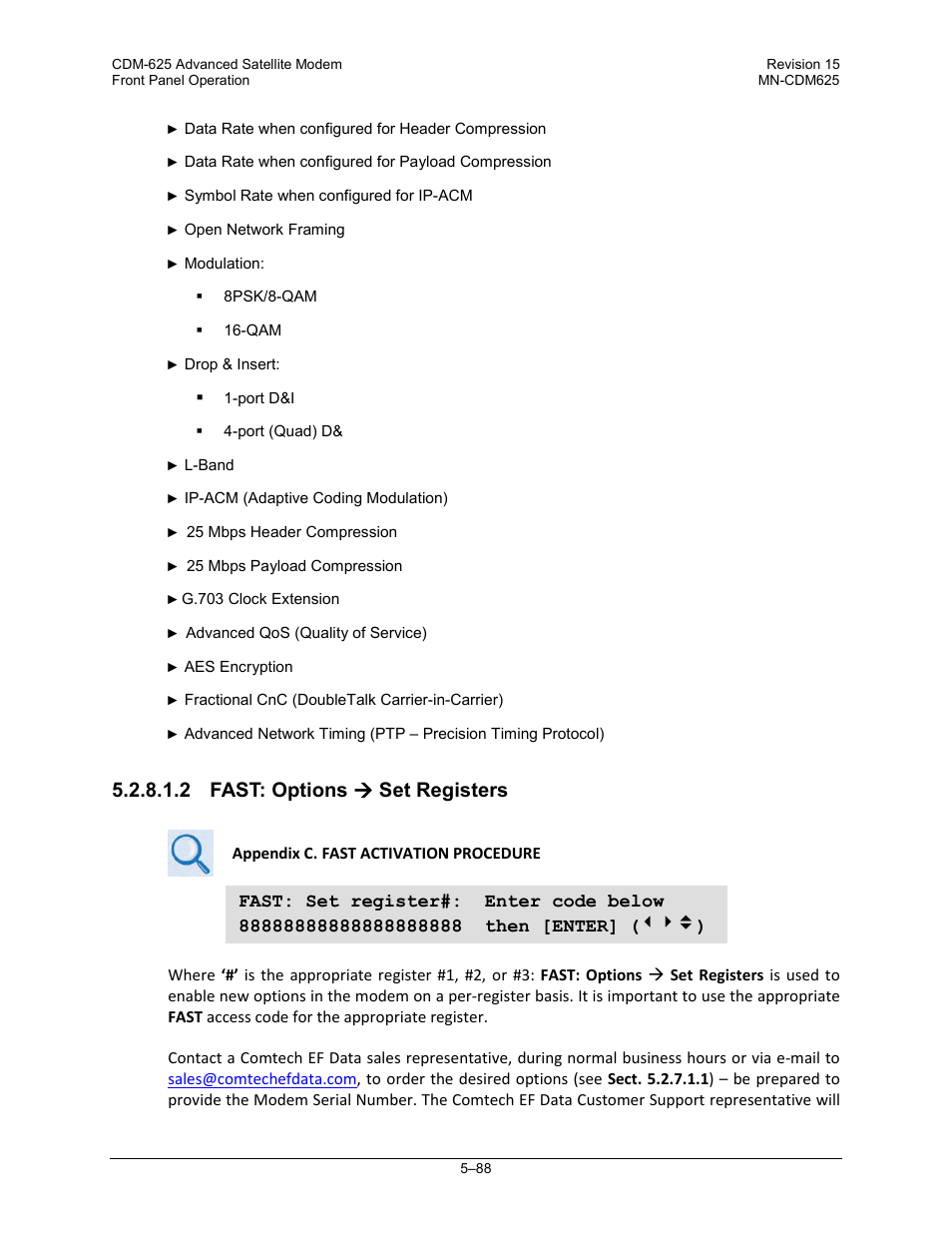 2 fast: options ( set registers, 2 fast: options  set registers | Comtech EF Data CDM-625 User Manual | Page 188 / 684