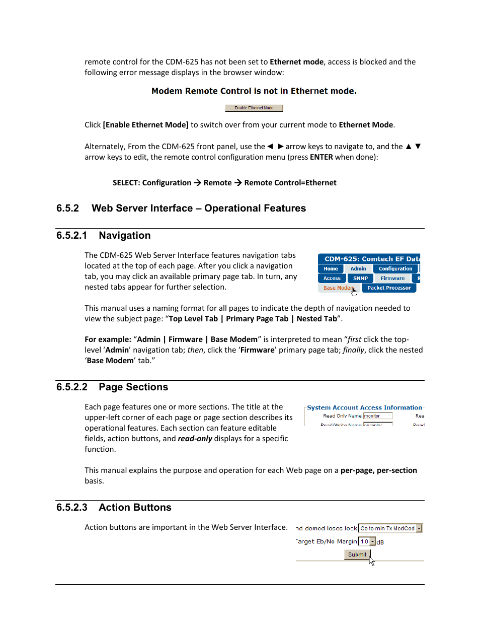 2 web server interface – operational features, 1 navigation, 3 action buttons | Comtech EF Data CDM-625 User Manual | Page 201 / 684