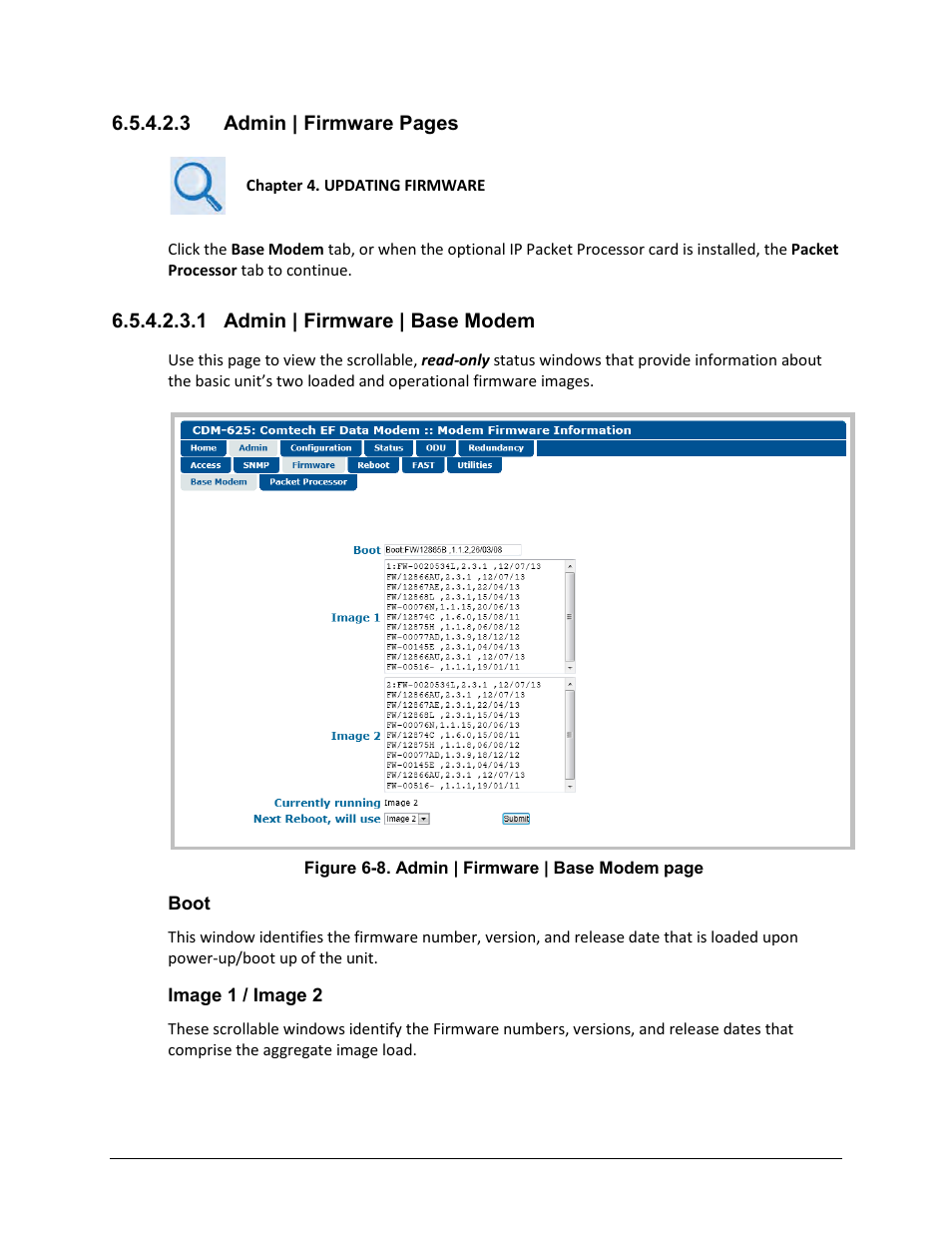 1 admin | firmware | base modem | Comtech EF Data CDM-625 User Manual | Page 211 / 684