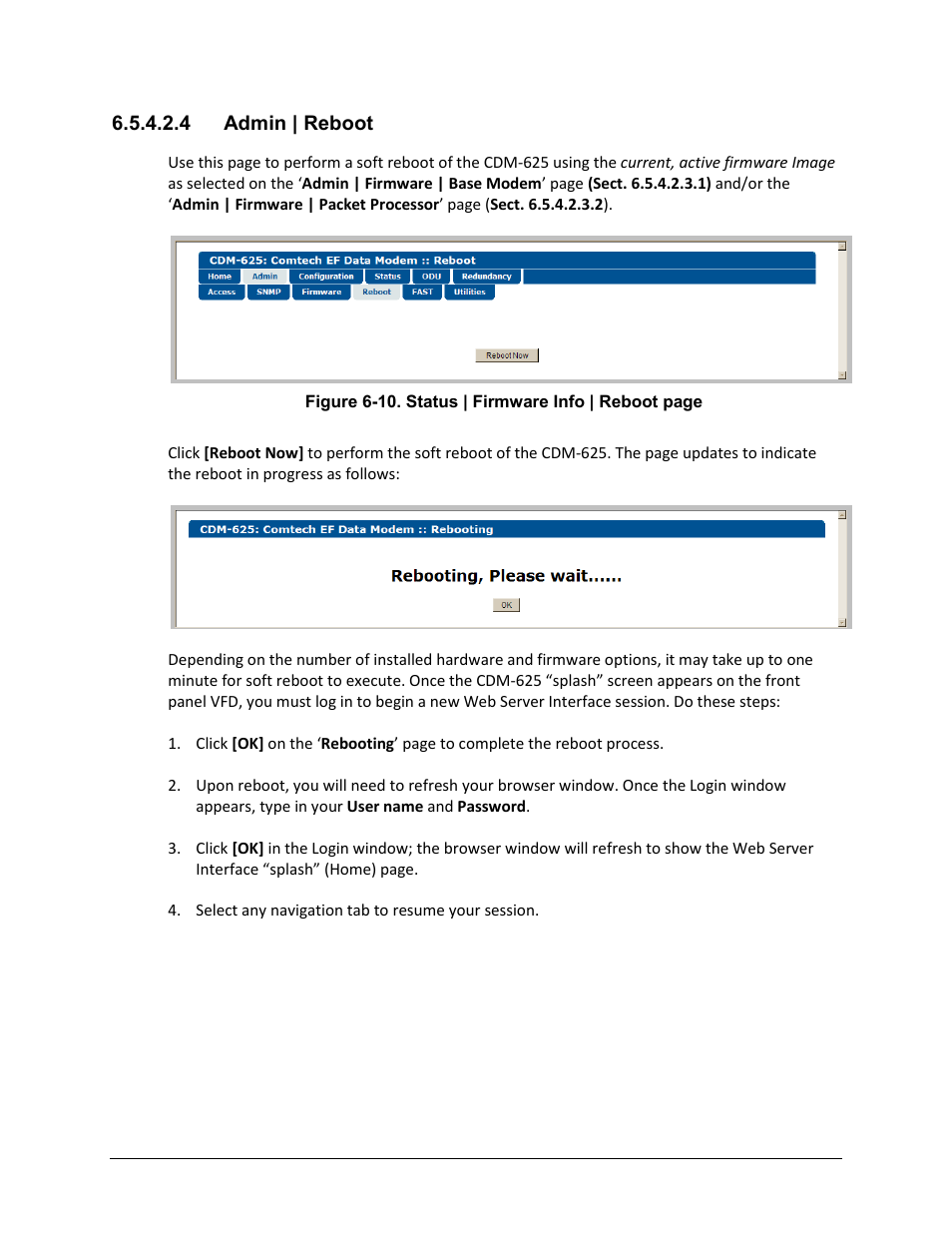 4 admin | reboot | Comtech EF Data CDM-625 User Manual | Page 213 / 684