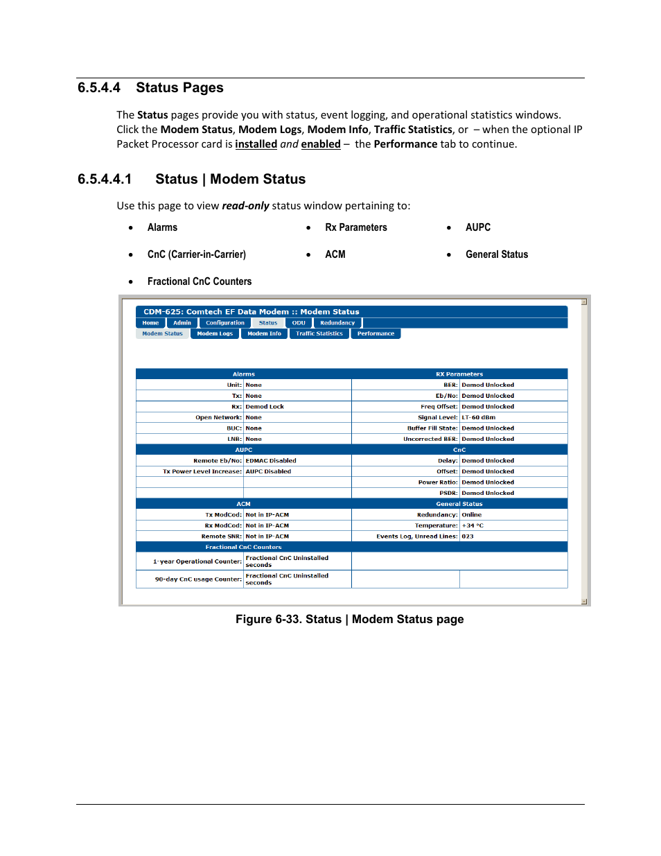 1 status | modem status, 4 status pages | Comtech EF Data CDM-625 User Manual | Page 252 / 684