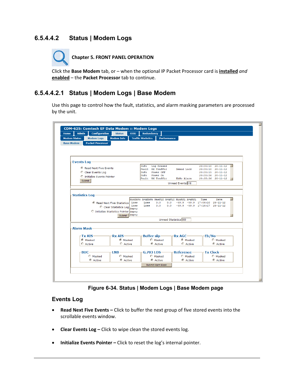 2 status | modem logs, 1 status | modem logs | base modem | Comtech EF Data CDM-625 User Manual | Page 253 / 684