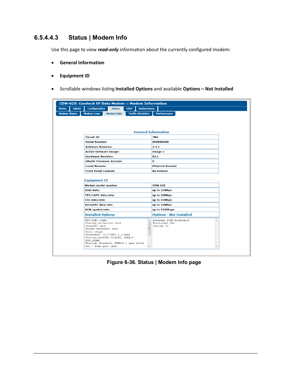 3 status | modem info | Comtech EF Data CDM-625 User Manual | Page 256 / 684