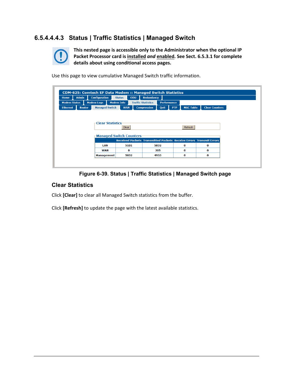 3 status | traffic statistics | managed switch | Comtech EF Data CDM-625 User Manual | Page 259 / 684